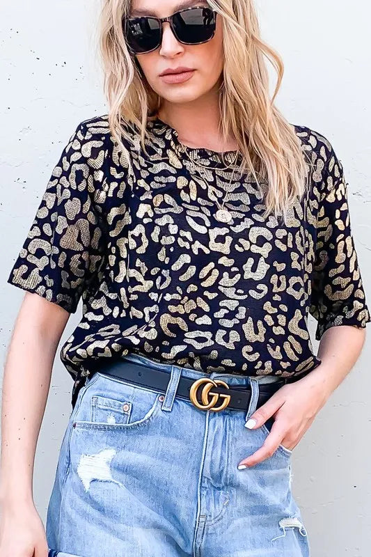 Leopard Foil Print Half Sleeve Sweater Top in Black