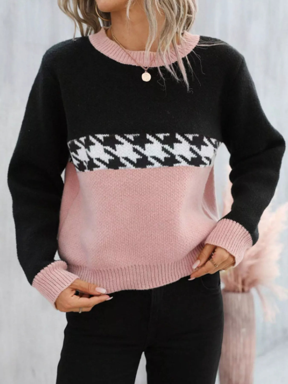color block houndstooth sweater styled outfit view