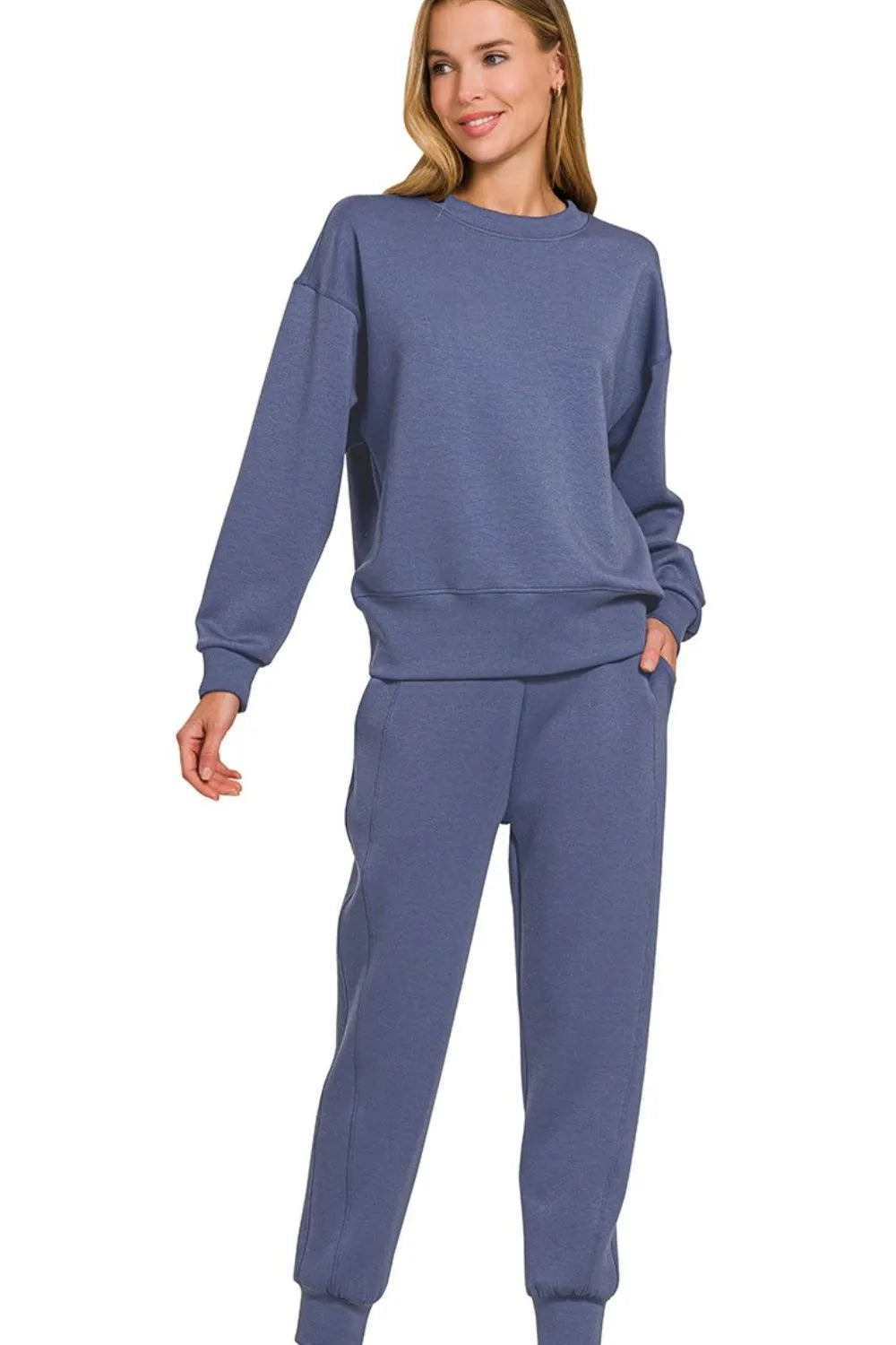 Zenana Scuba Crewneck Pullover & Joggers 2 Pieces Set BLUE INDIGO - Fashorio