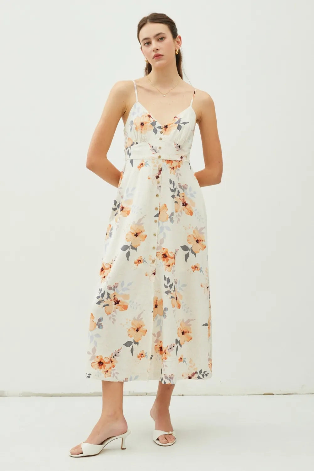 Floral Button Down Cami Midi Dress in Peach detail