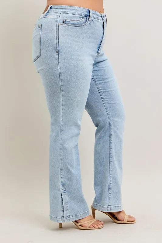 Judy Blue Full Size Tummy Control Vintage Wash Side Slit Slim Boot Jeans Plus Size - Fashorio