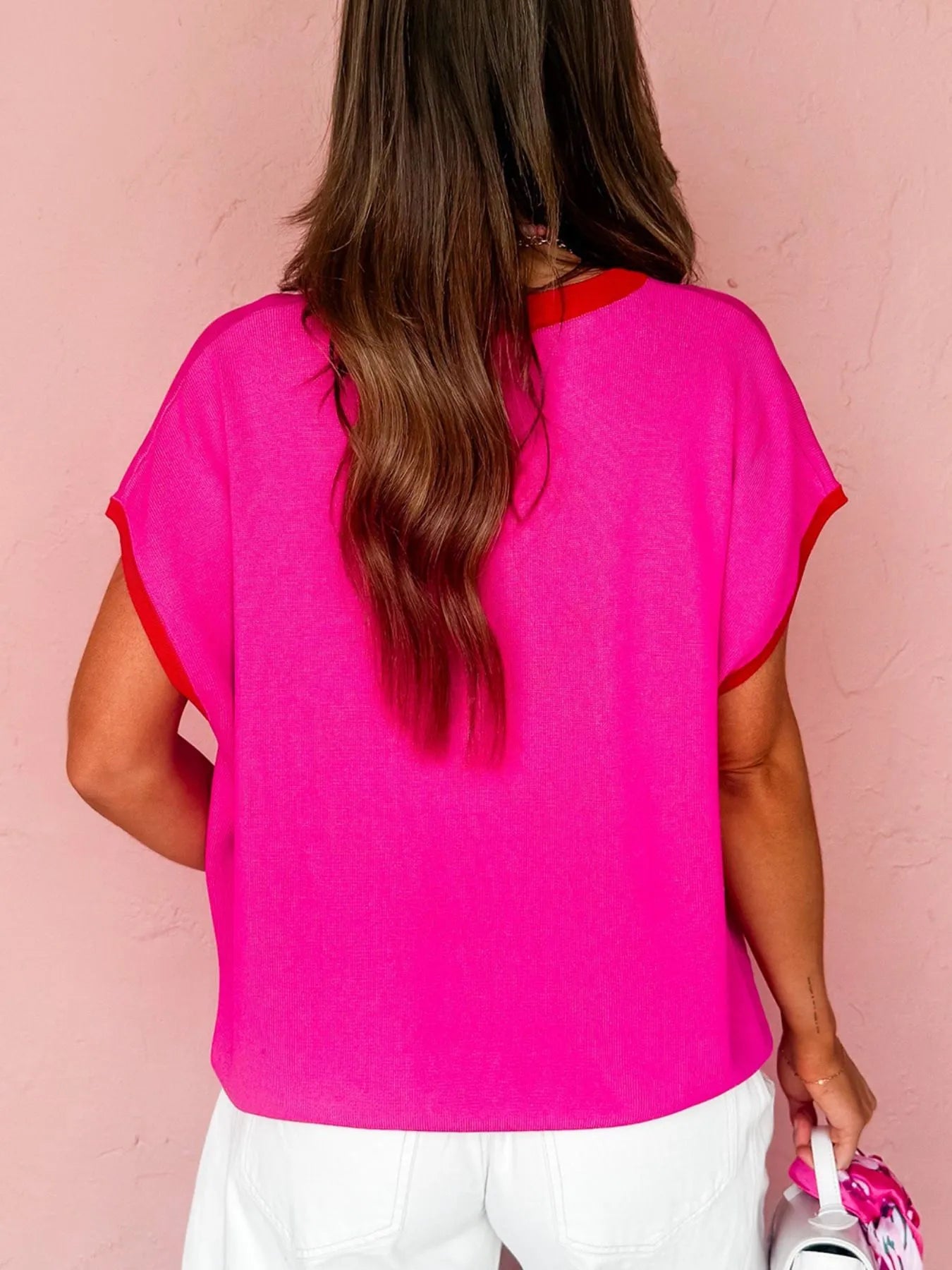 Contrast Trim Round Neck Short Sleeve Sweater - Fashorio