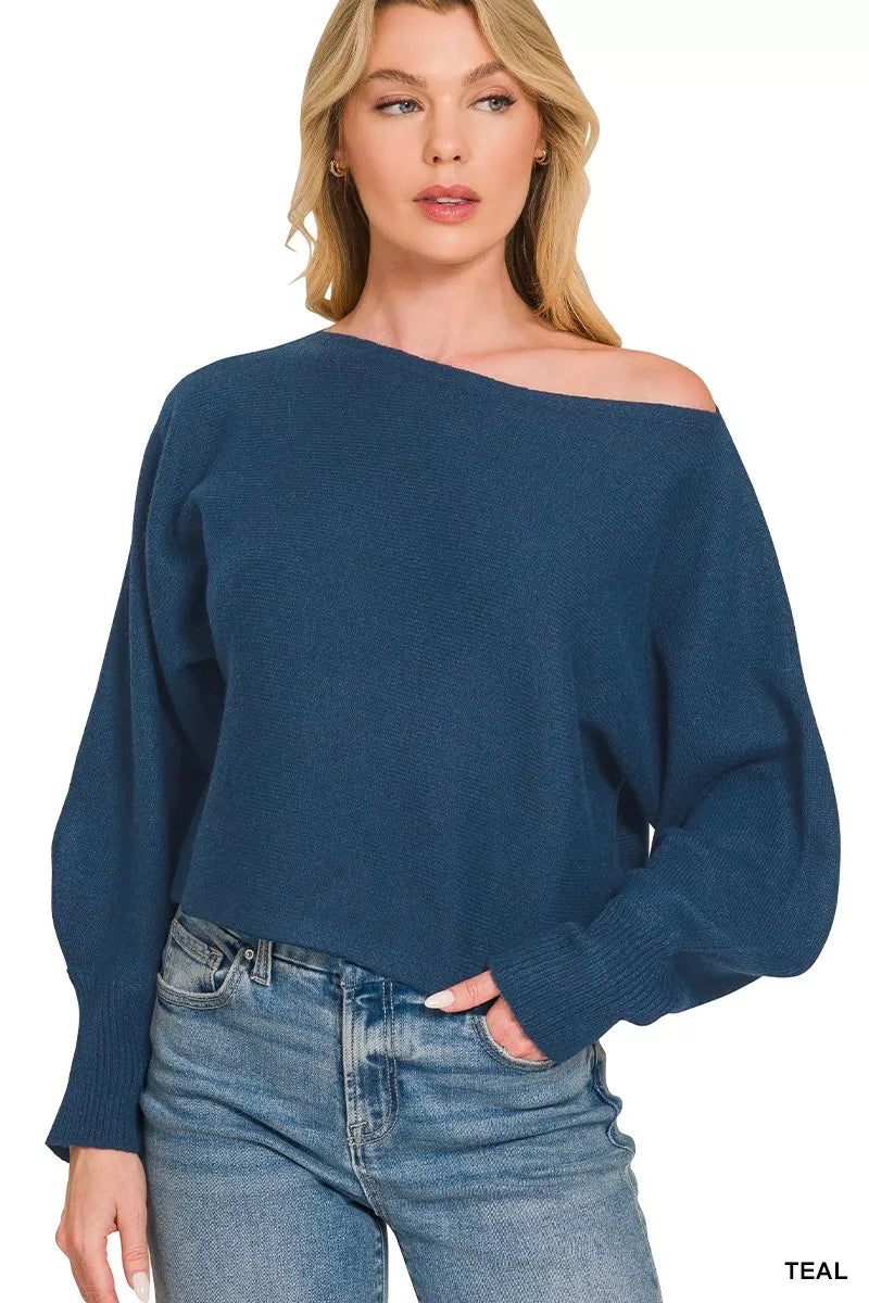 Boat neckline of teal knit sweater