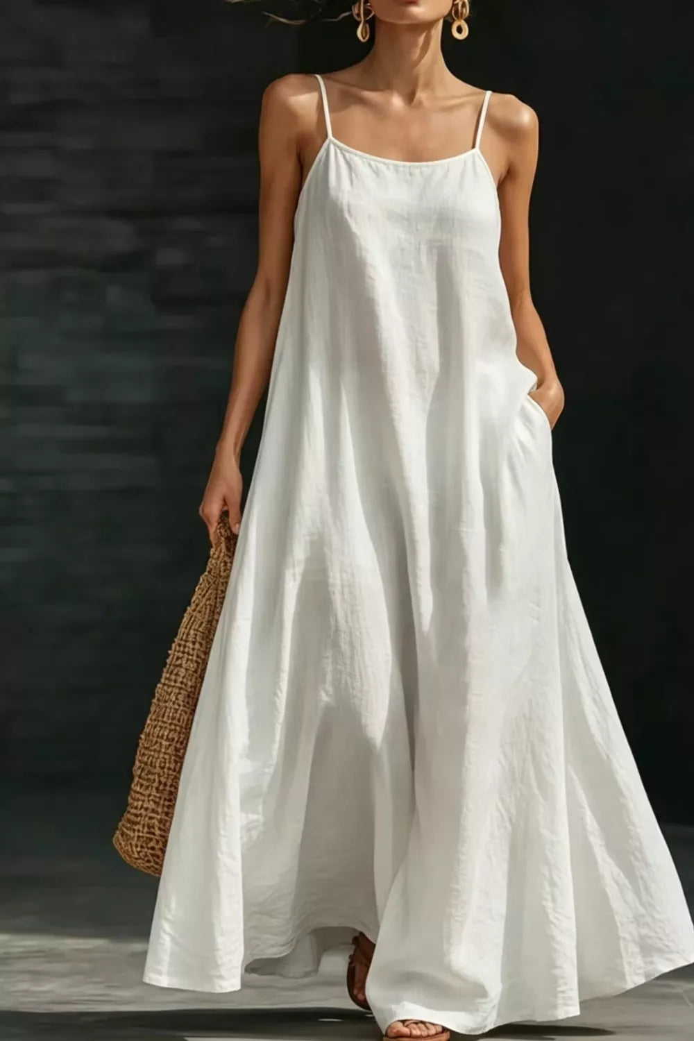 White sleeveless loose fit maxi dress front view