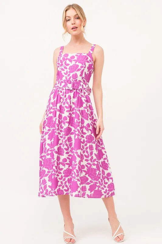 Floral Square Neck Belted Midi Dress in Magenta on model