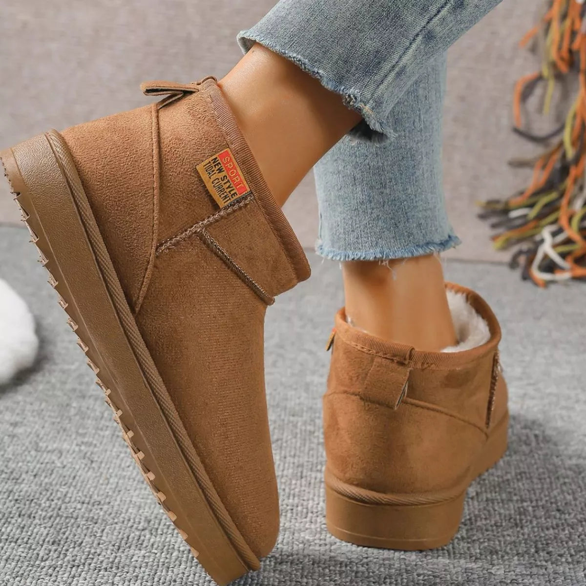 Camel round toe platform boots front facing view