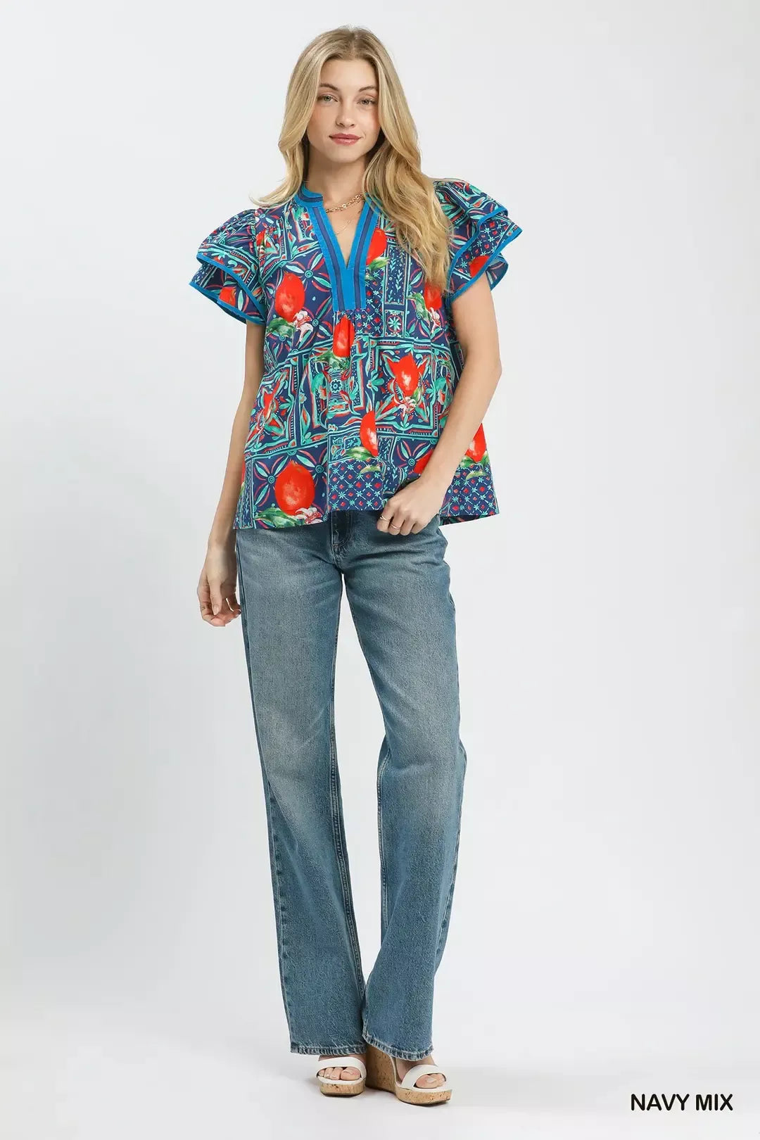 Navy flutter sleeve blouse back view