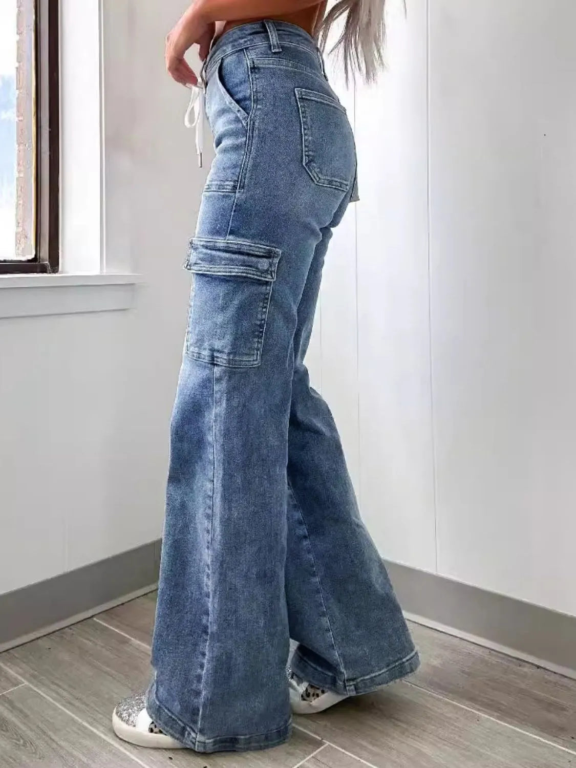 Tie Waist Washed Straight Jeans, view 6