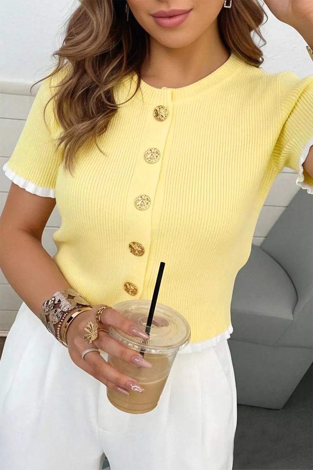 Yellow ribbed cardigan frill trim detail