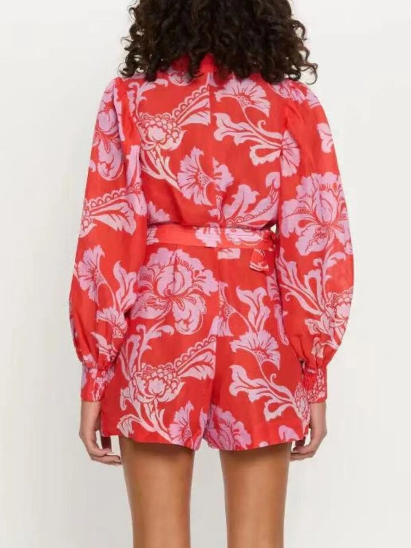 Printed Long Sleeve Belted Romper - Fashorio