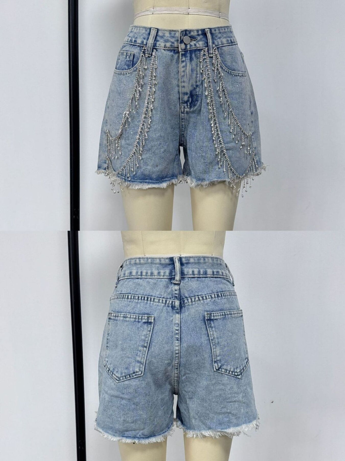 Raw hem denim shorts side view