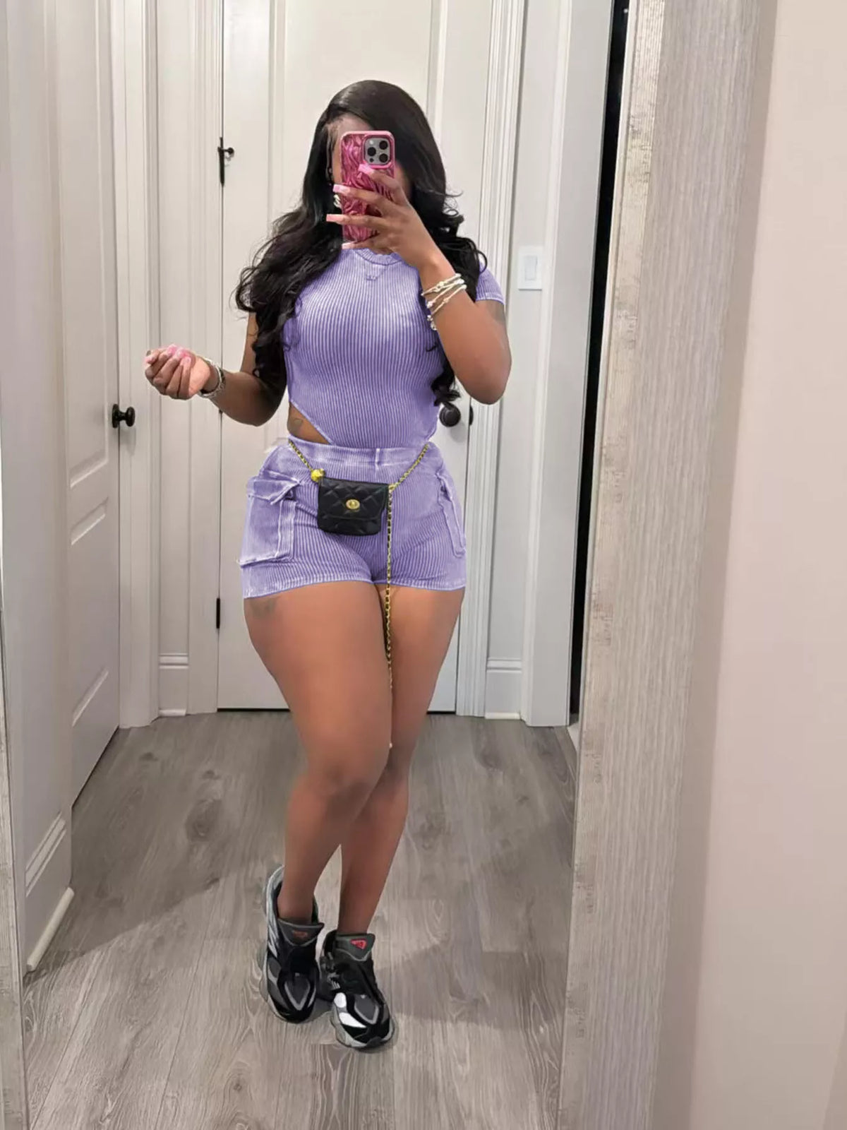 Ribbed knit set shorts and top view