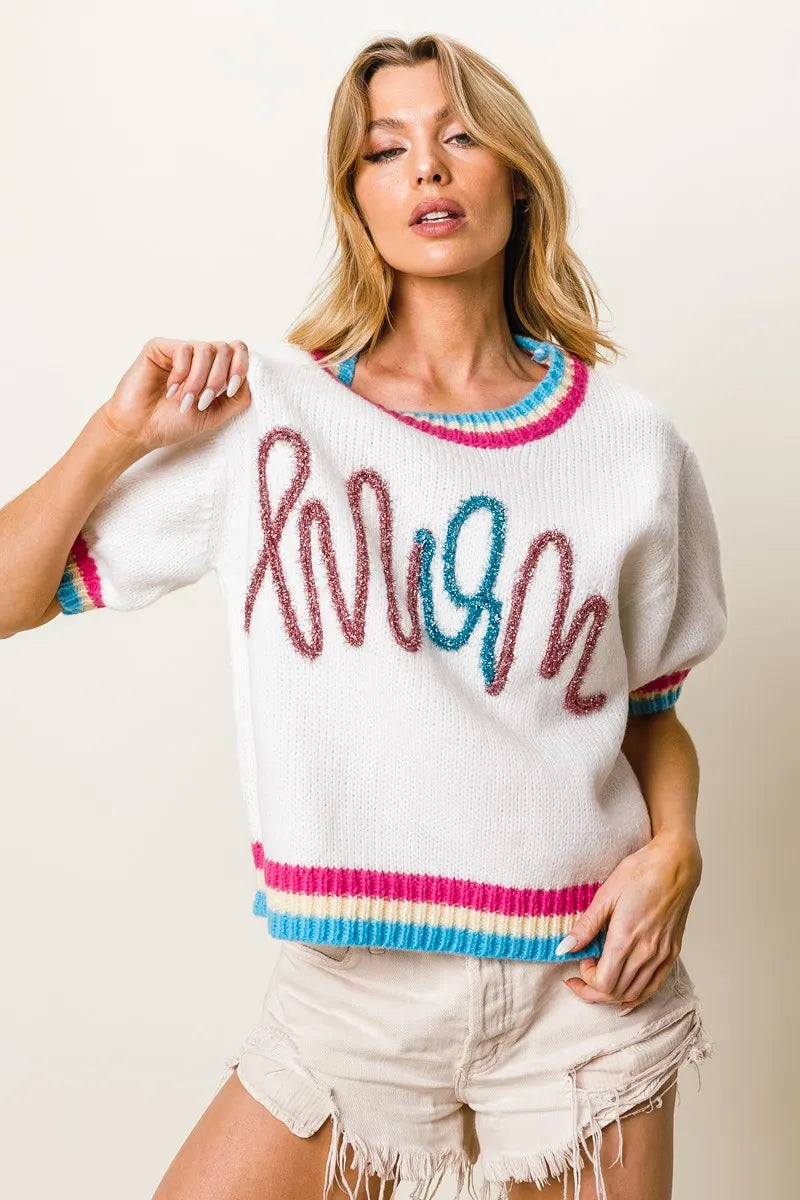 Metallic Letter Puff Sleeve Sweater in Fuchsia detail