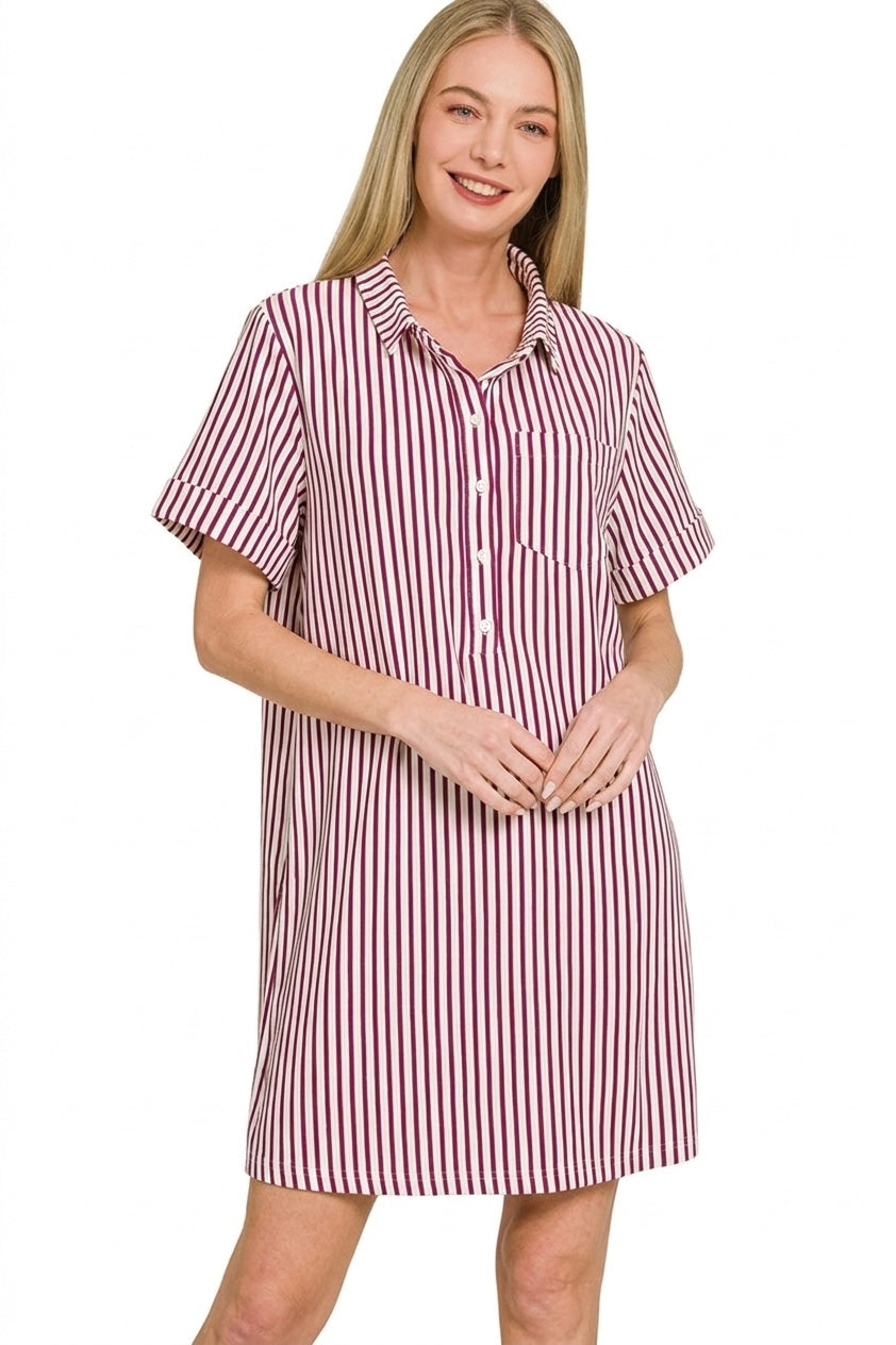 Stripe Collared Half Button Up T Shirts Dress back view
