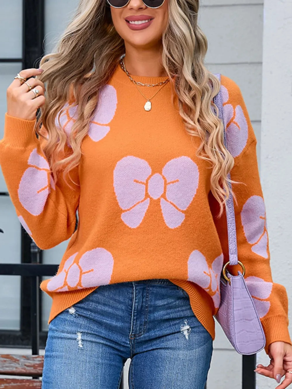 Cozy bow knit sweater full outfit view