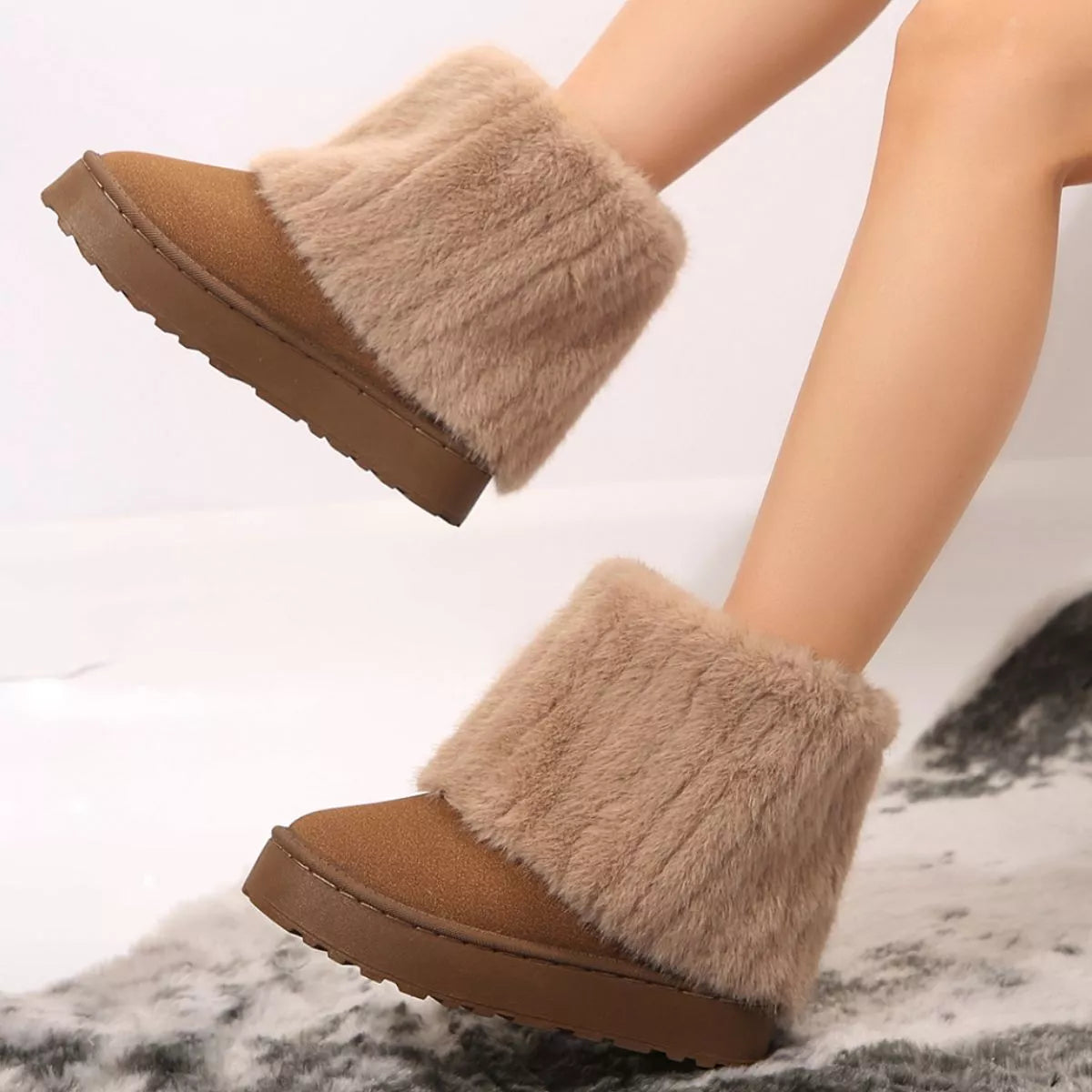 Fuzzy round toe platform boots back view