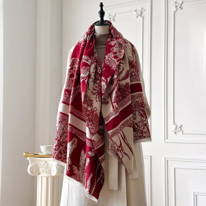 Deep red raw hem winter scarf draped around the neck