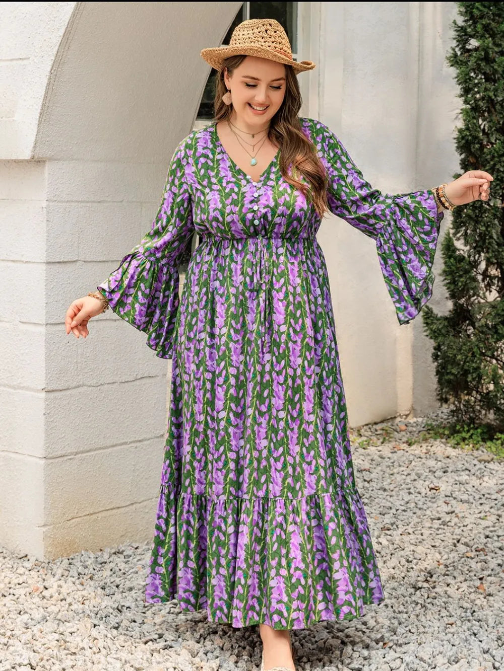 Printed V neck long sleeve maxi dress three quarter view