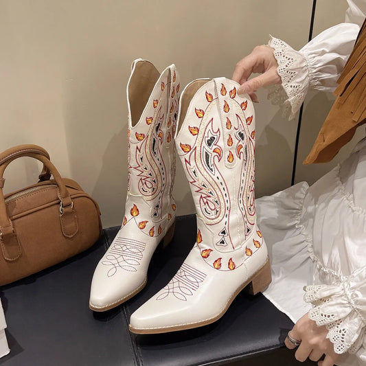 Point Toe Block Heels Boots Beige - Fashorio