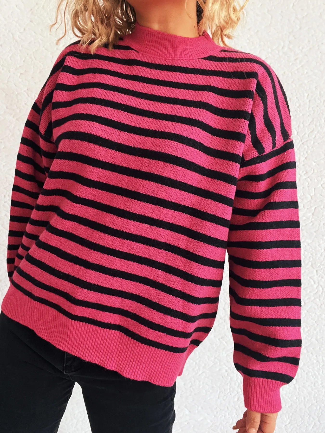 Striped Mock Neck Long Sleeve Sweater - Fashorio