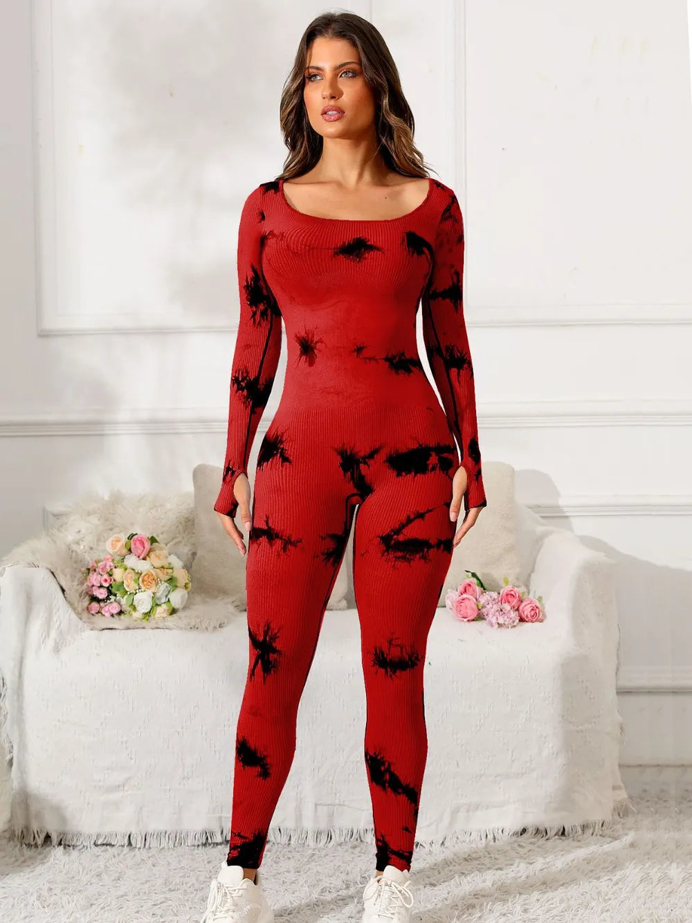 Scoop Neck Long Sleeve Active Jumpsuit Deep Red - Fashorio