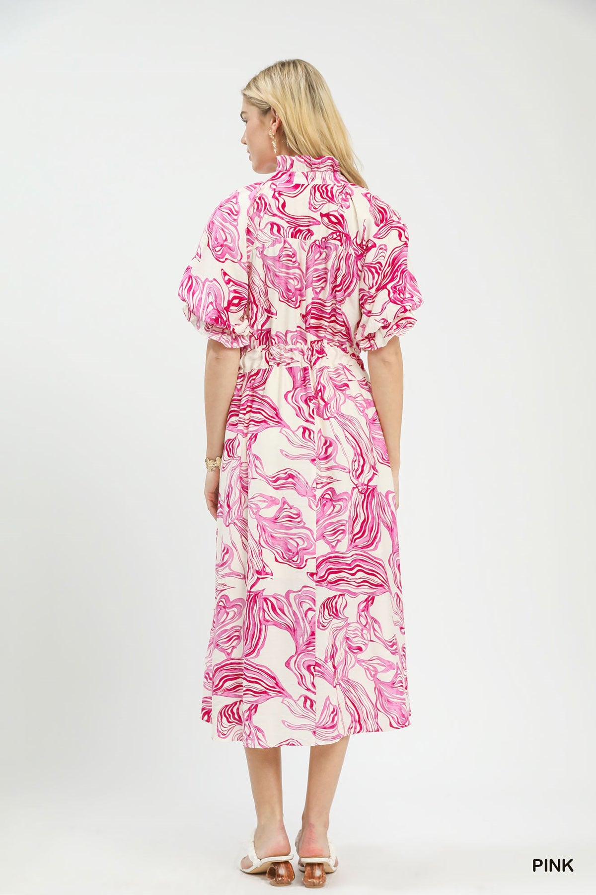 Abstract Print Smocked Tie Waist Midi Dress side view