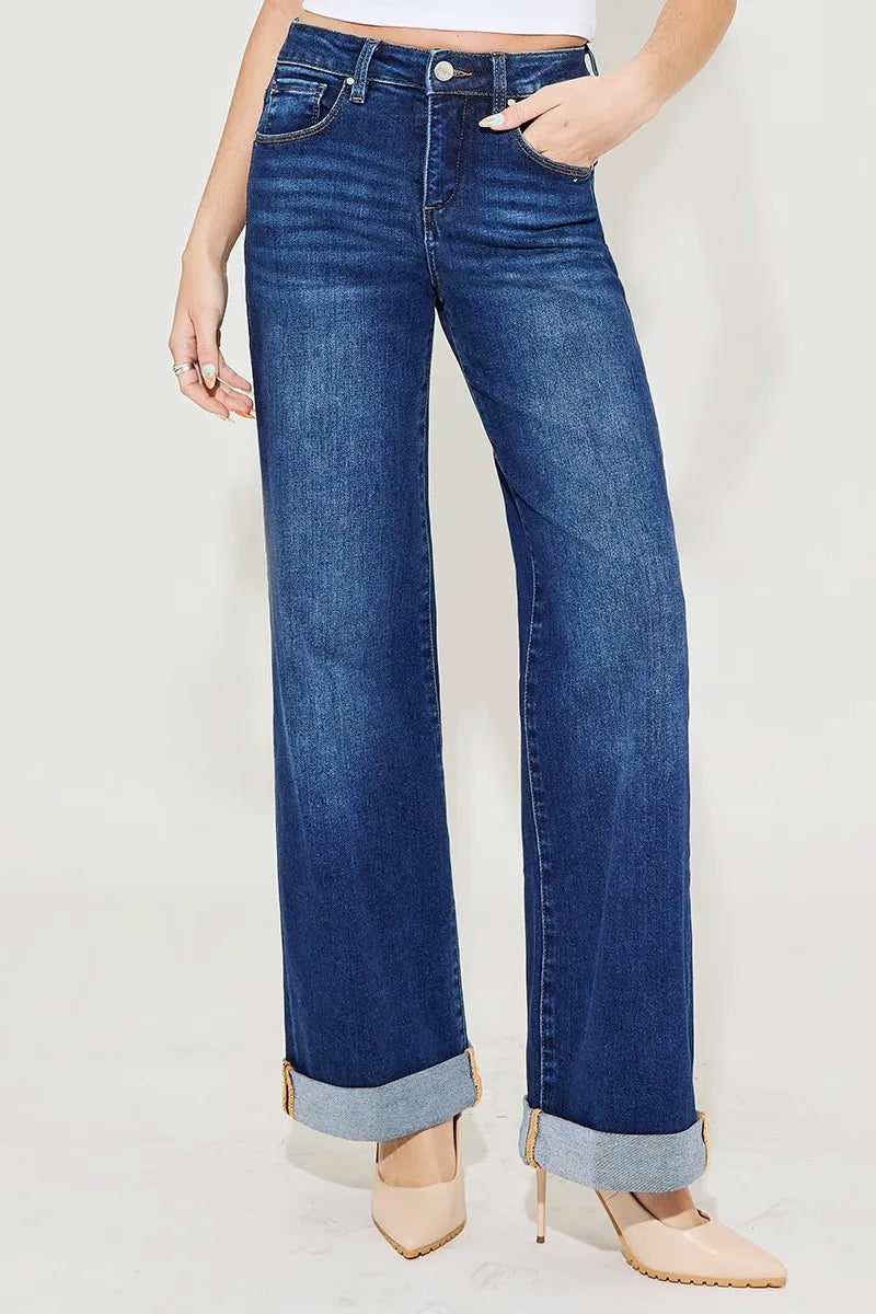 RISEN Plus Size Tummy Control High Rise Wide Leg Cuffed Jeans - Fashorio
