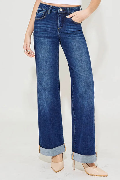 RISEN Plus Size Tummy Control High Rise Wide Leg Cuffed Jeans - Fashorio
