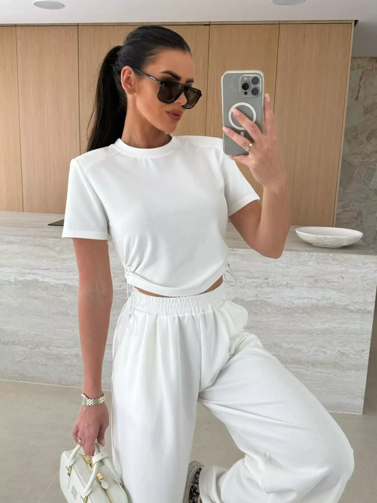 Coordinated crop top and wide leg pants side view