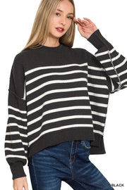Zenana Exposed Seam Striped Oversized Sweater BLACK - Fashorio