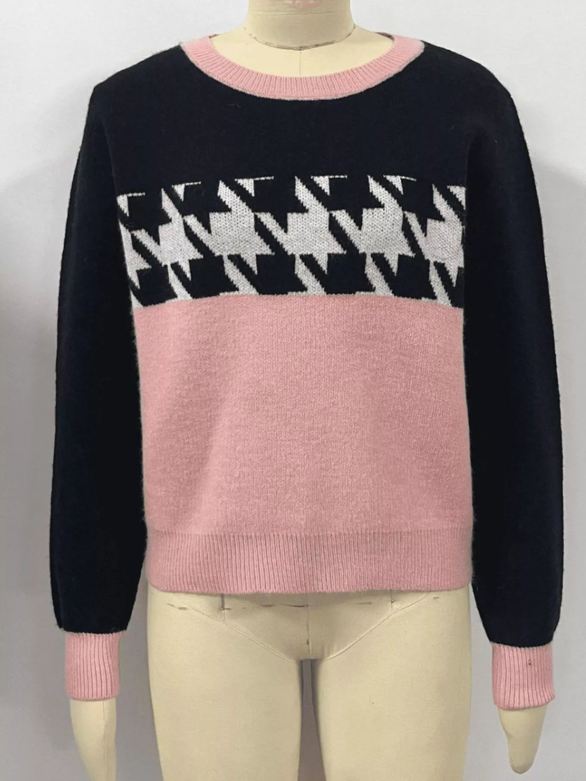 color block houndstooth sweater back view