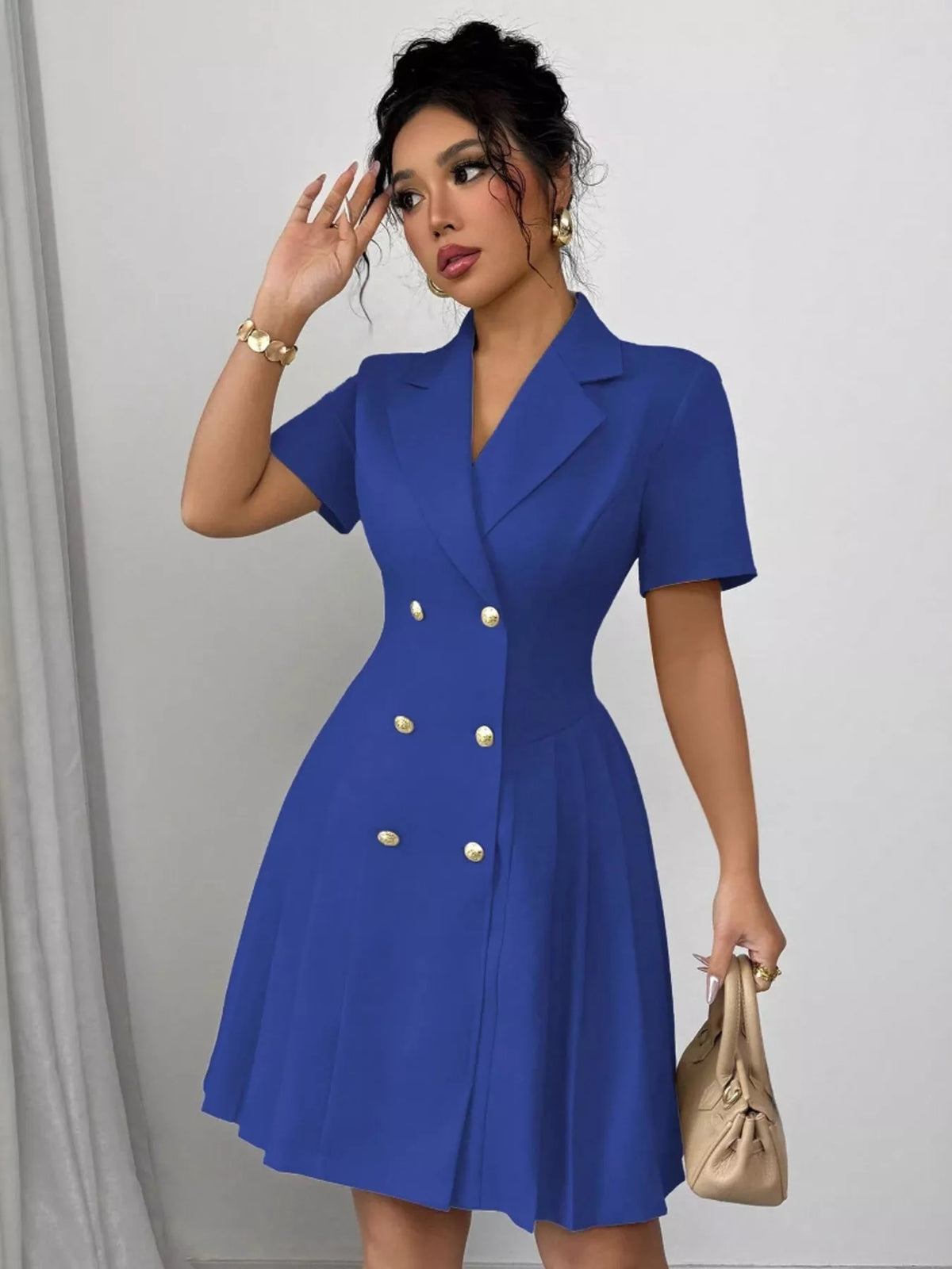 Double breasted pleated blazer dress side view