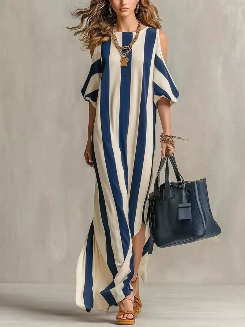 Striped cold shoulder maxi dress front view