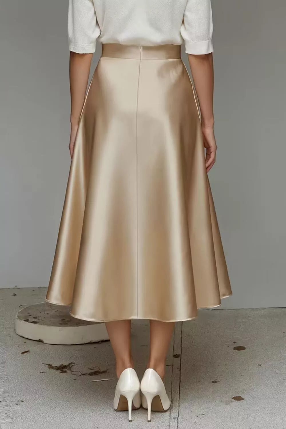 Satin A line midi skirt side view