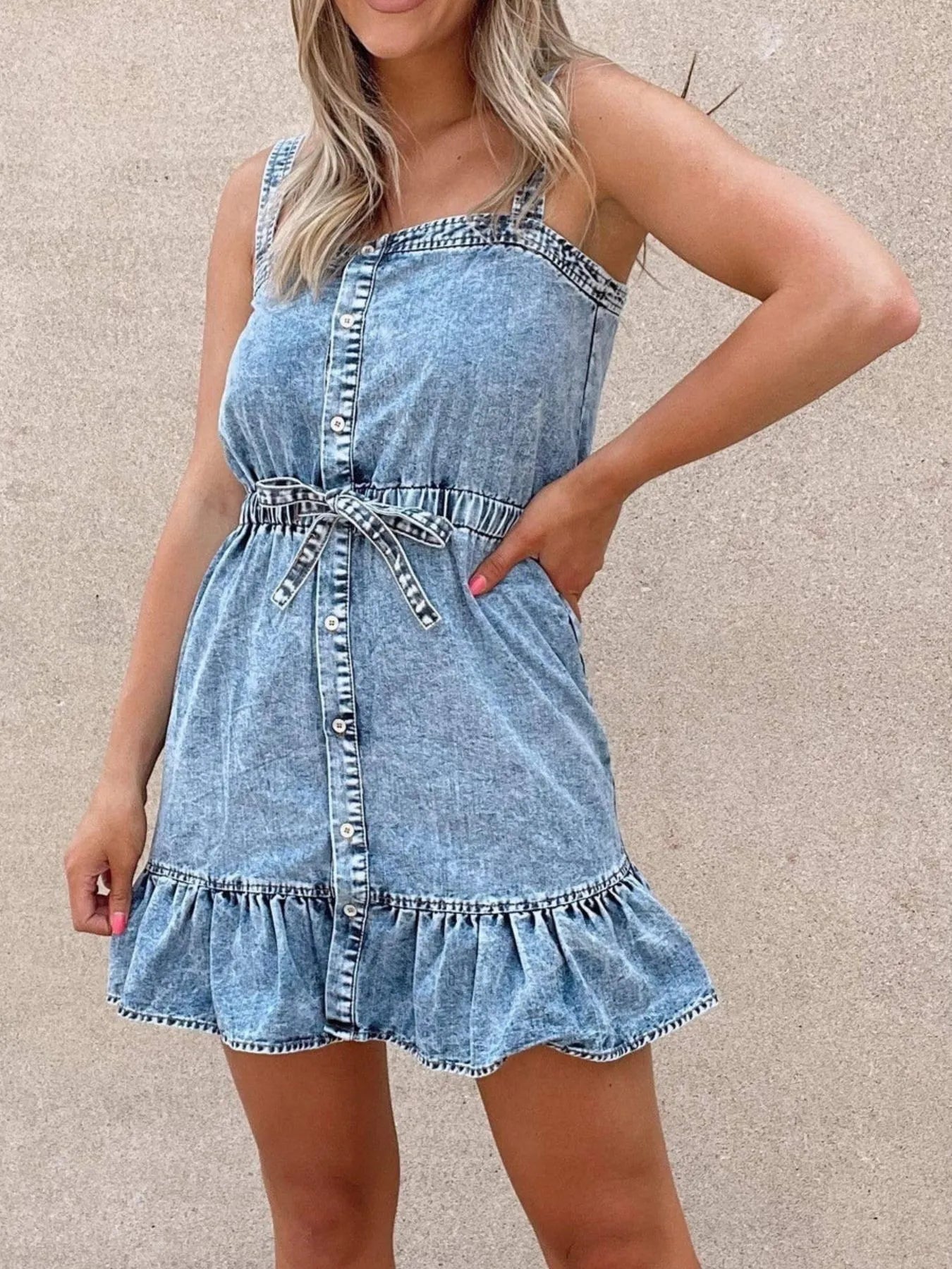 Casual Ruffled Hem Denim Mini Dress with Tie Waist - Fashorio