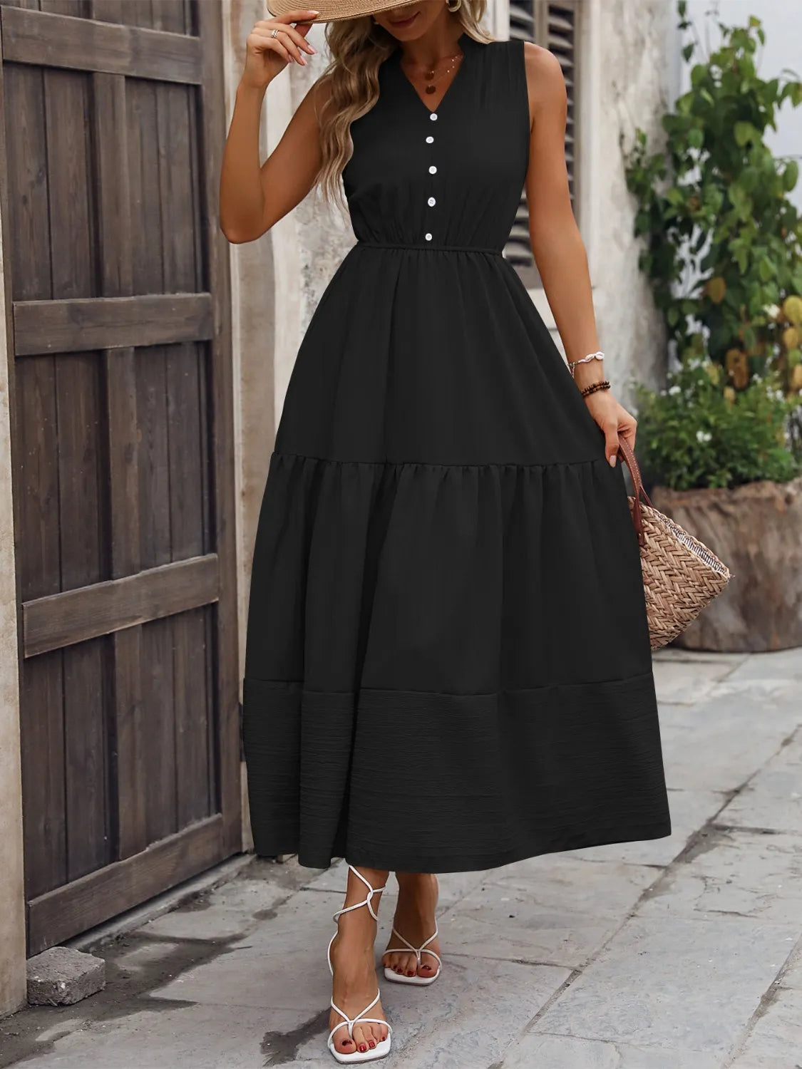 Notched sleeveless maxi tank dress, front view