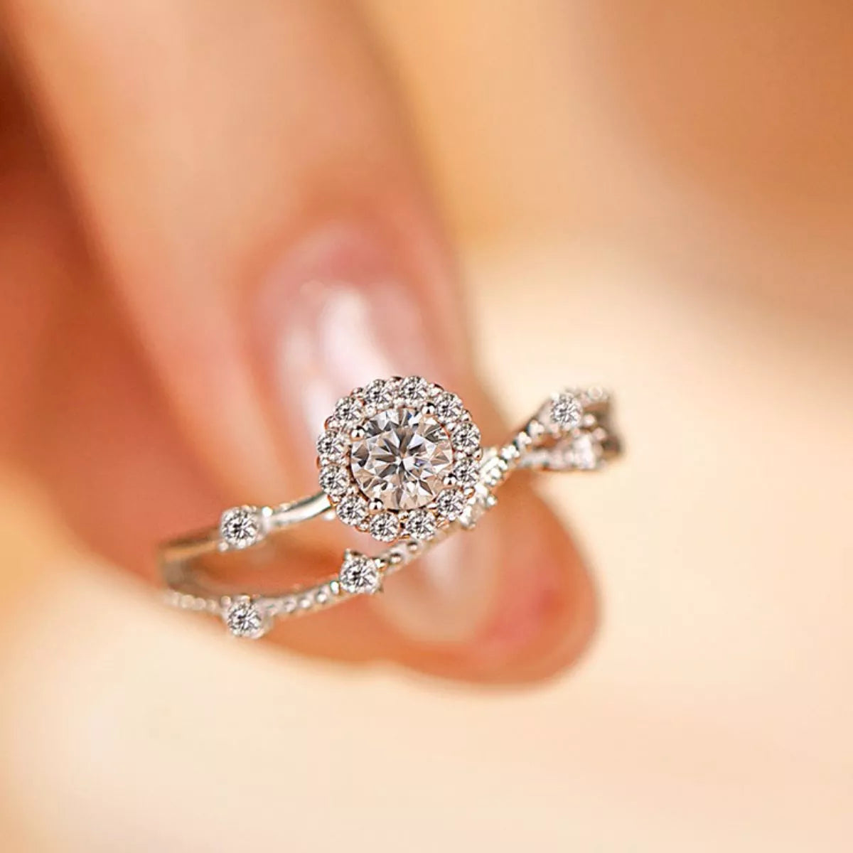 Sterling silver moissanite layered ring side view