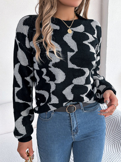 Round Neck Long Sleeve Sweater Charcoal - Fashorio
