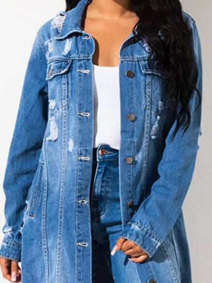 Long Sleeve Raw Hem Denim Jacket - Fashorio