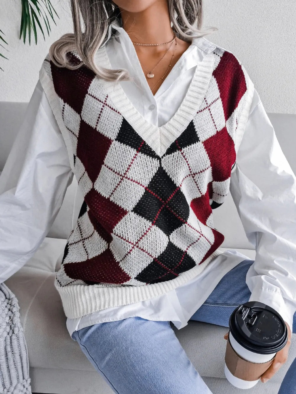 Plaid V Neck Sweater Vest in Khaki view 7