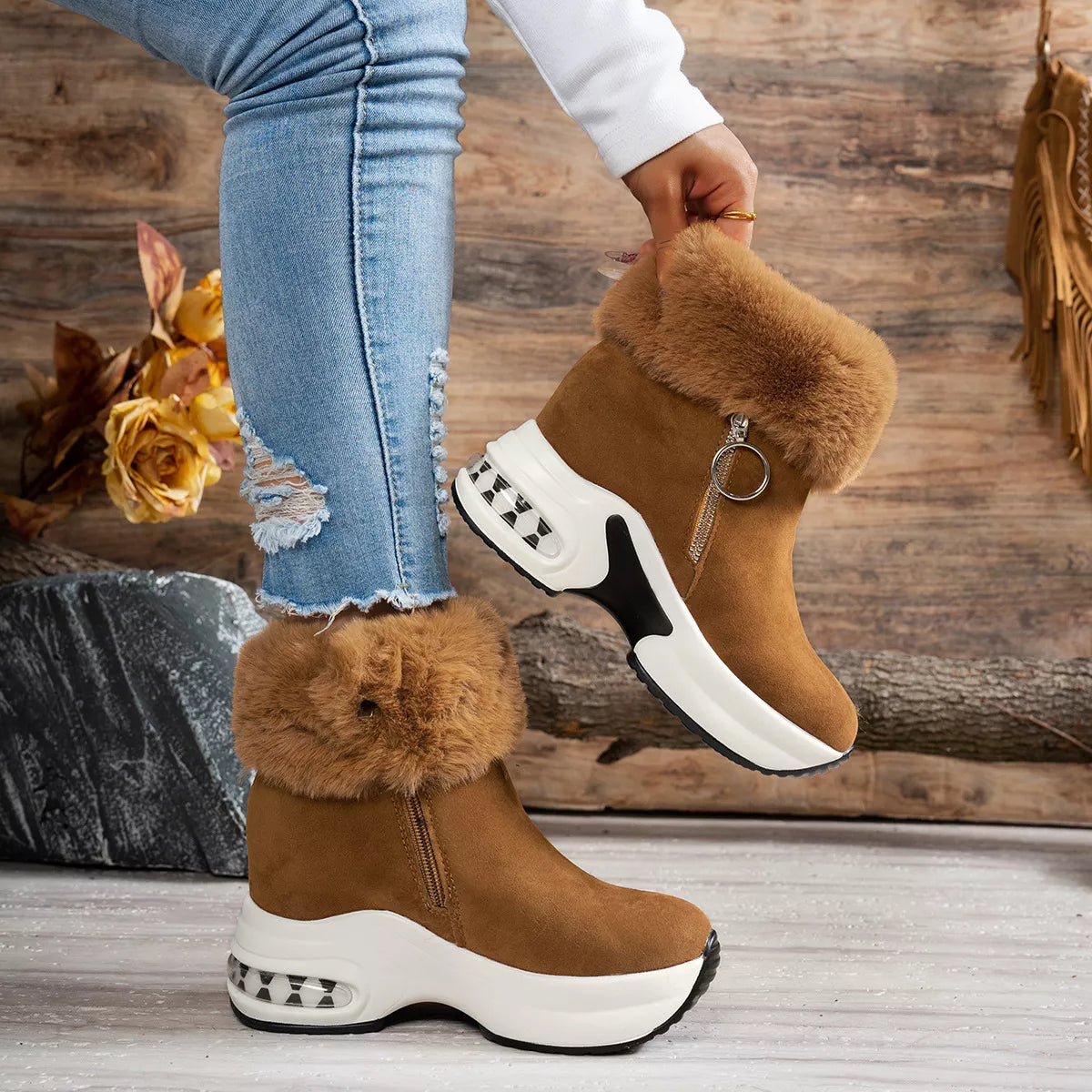 Fuzzy platform ankle boots outdoor styling