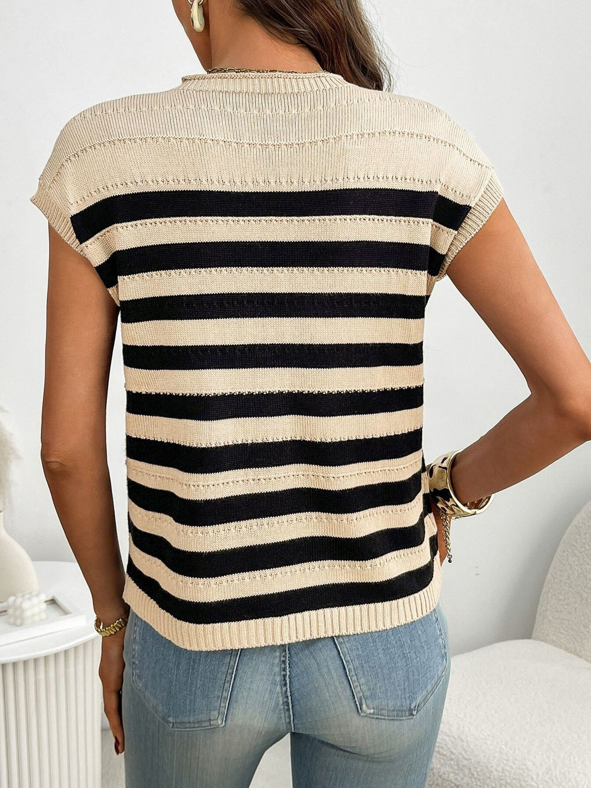Caramel striped knit sweater with pocket detail