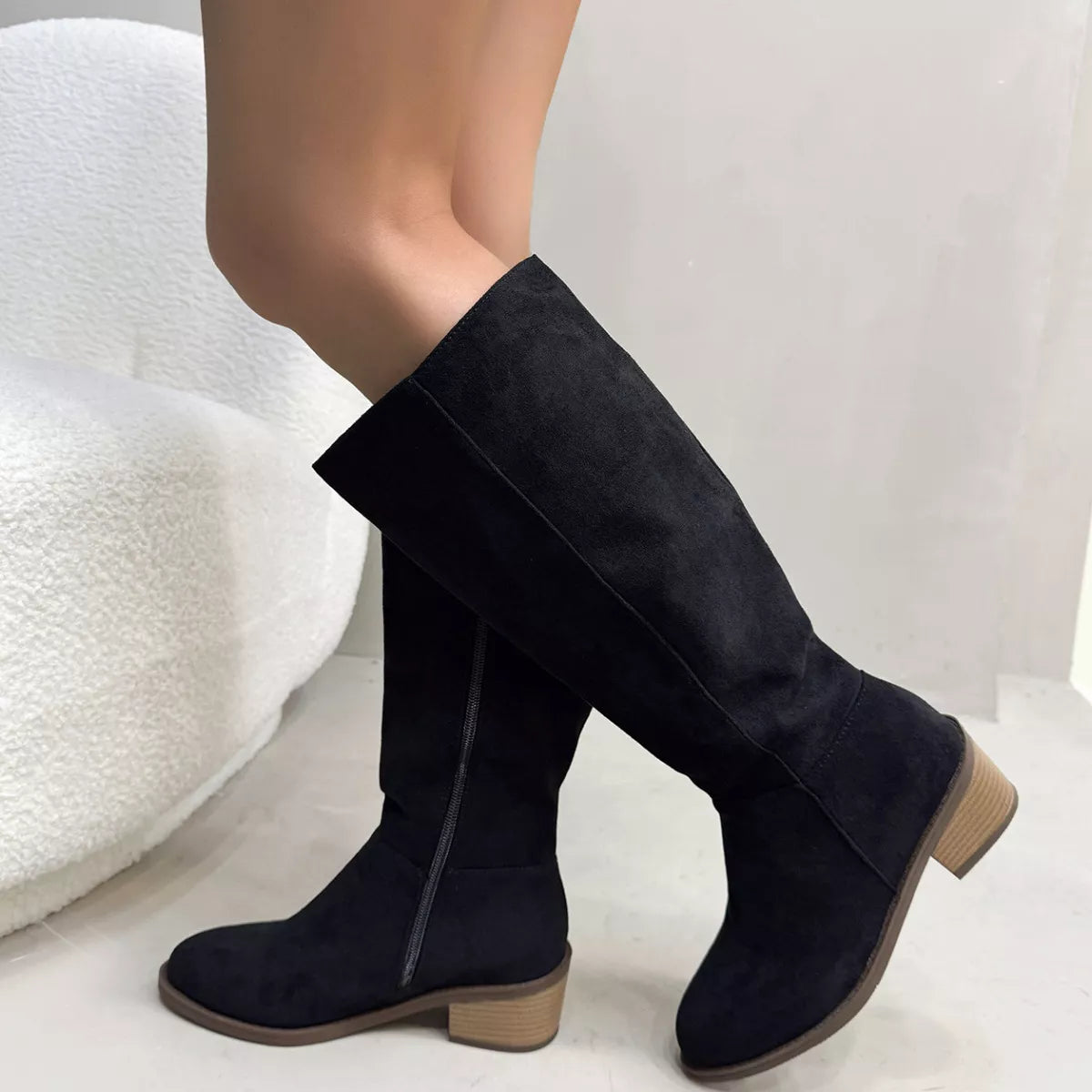 Brown round toe block heels boots back heel view