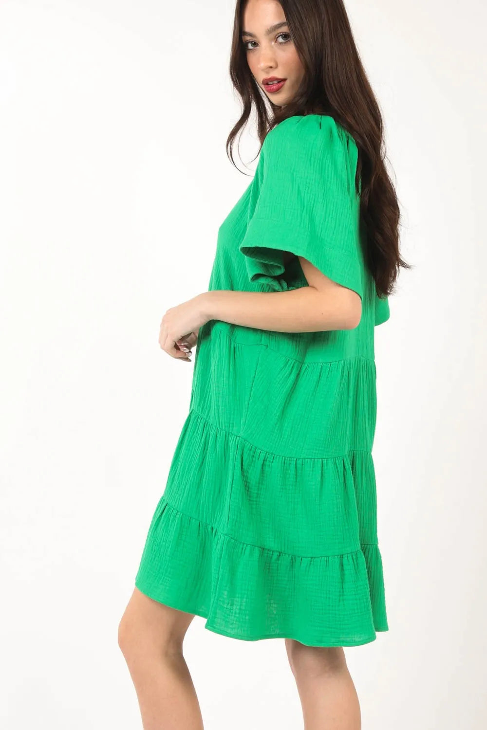 Texture V Neck Ruffled Tiered Dress side view