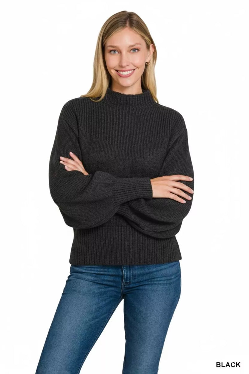 Balloon Sleeve Mock Neck Sweater in Black