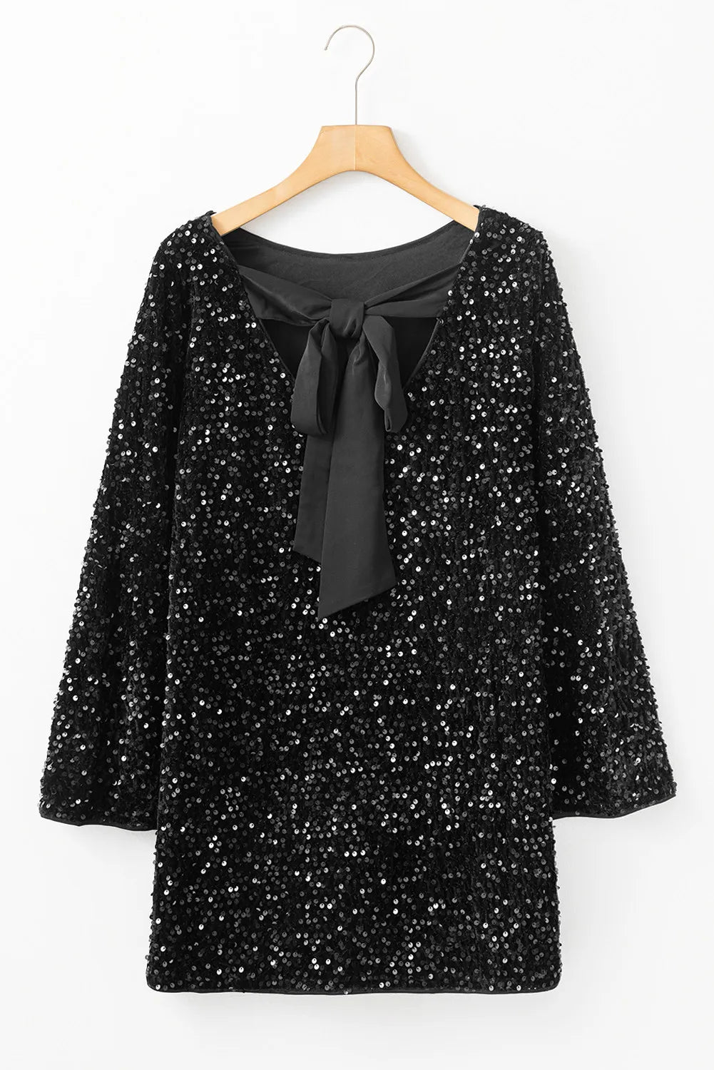 Sequin Long Sleeve Mini Dress in Black on model
