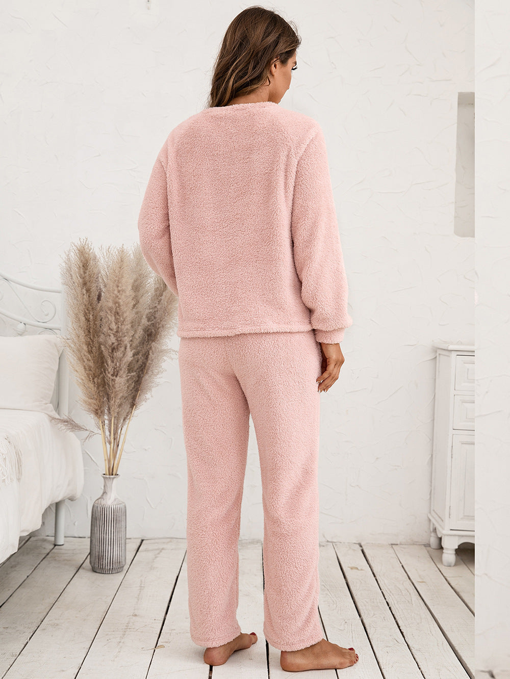 Ivy Lane Teddy Long Sleeve Top and Pants Lounge Set - Fashorio