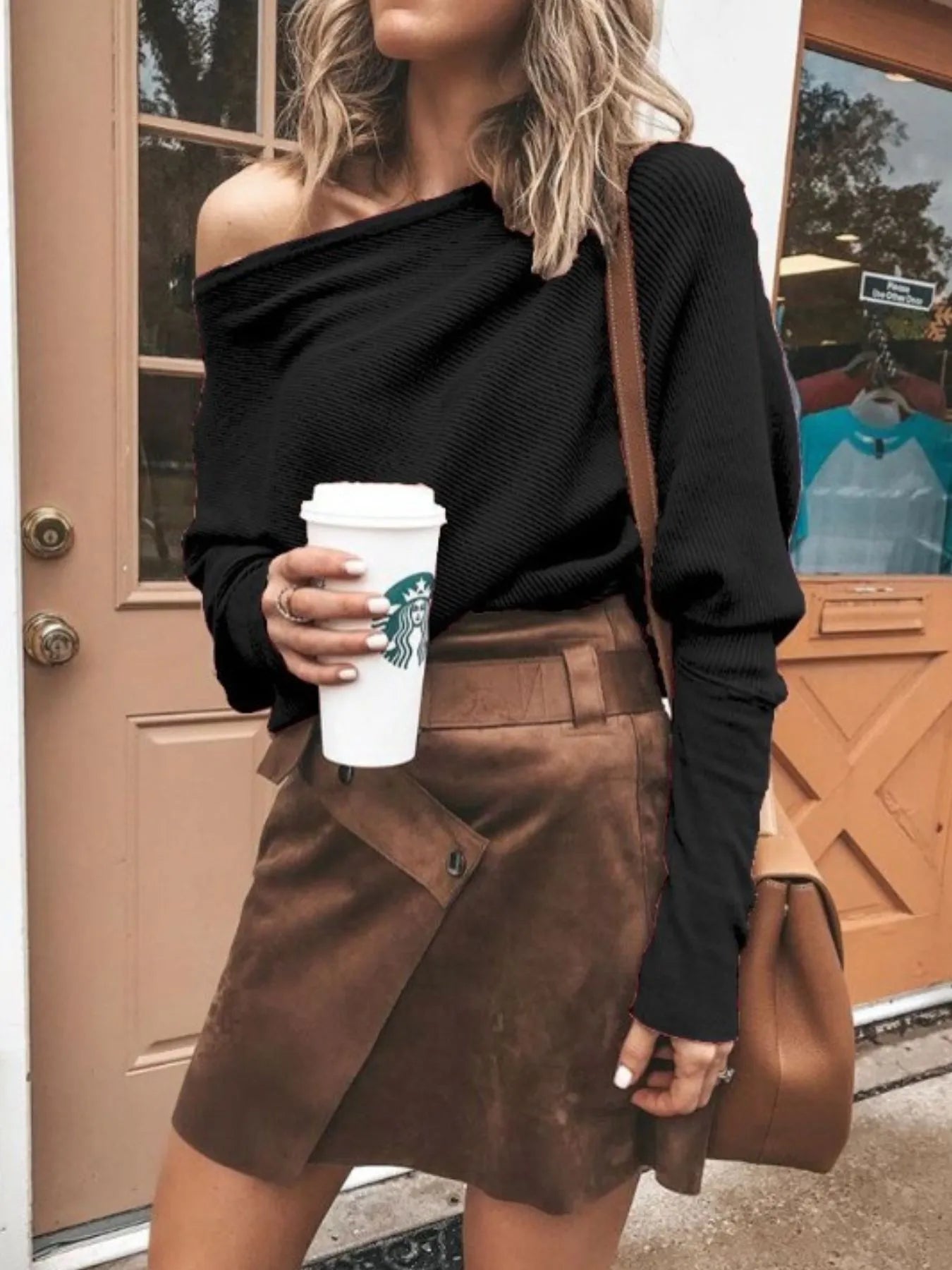 Full Size Single Shoulder Ribbed Knit Top Plus Size Black - Fashorio