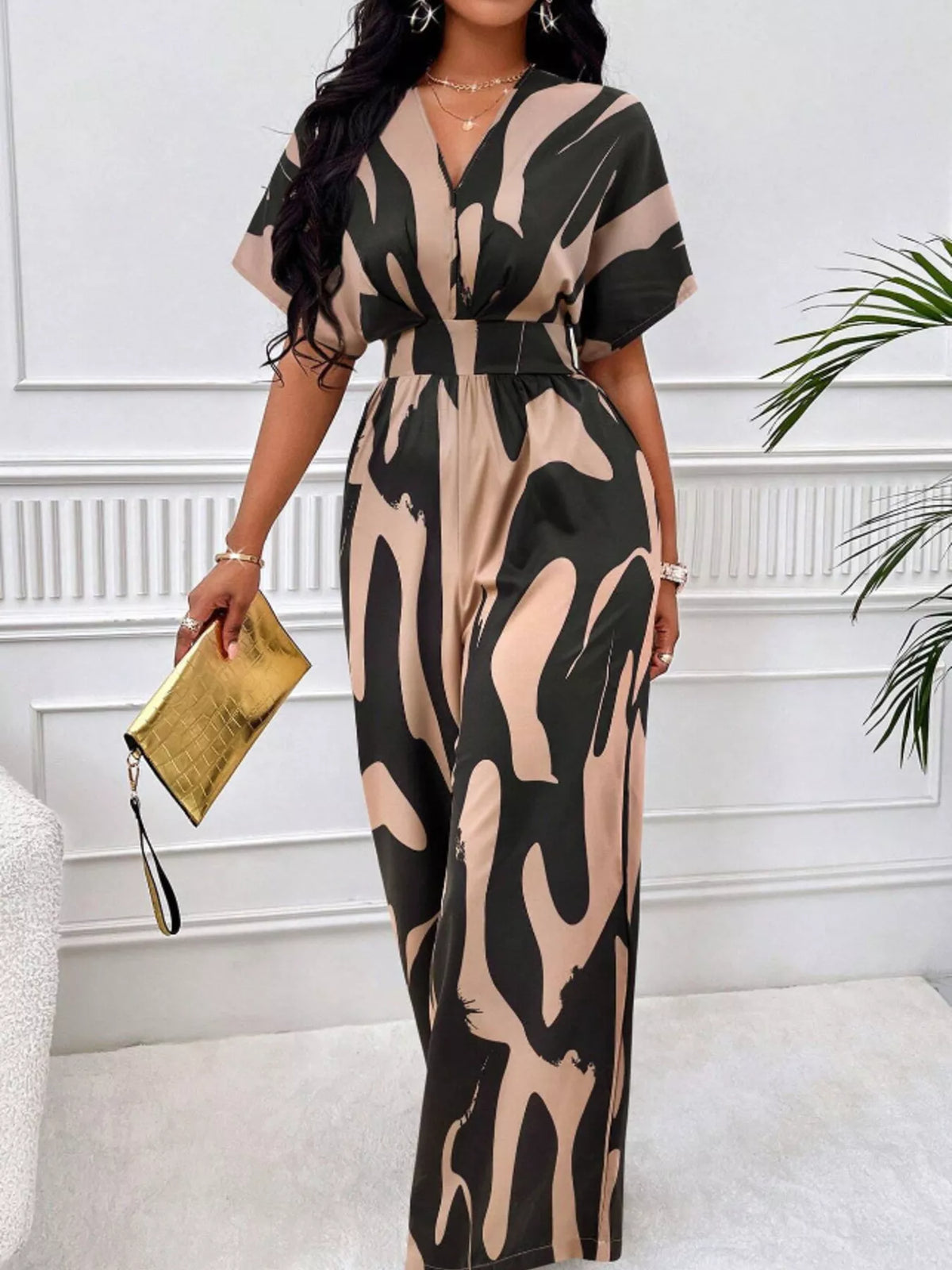 Abstract print wide leg jumpsuit with ruched bodice back view