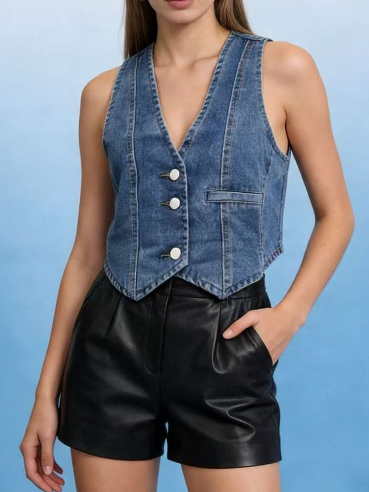 Button Down Denim Vest in Dark Blue styled look